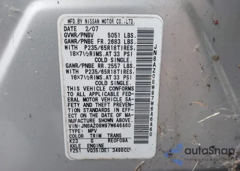 2007 Nissan Murano Sl from USA, damaged, VIN JN8AZ08W97W646460